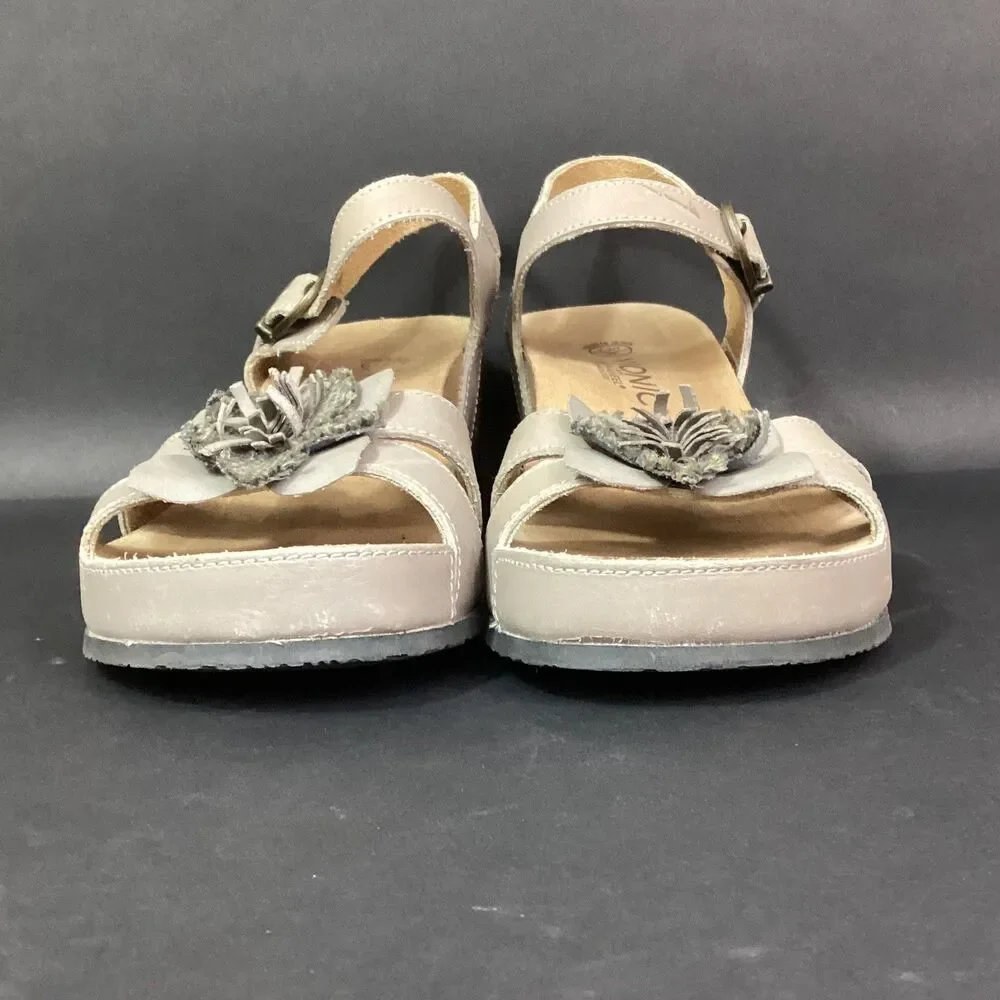 Vionic Orthaheel Strappy Slingback-Women 7-Tan-Flower-Buckle-Cork Heel-Gibraltar